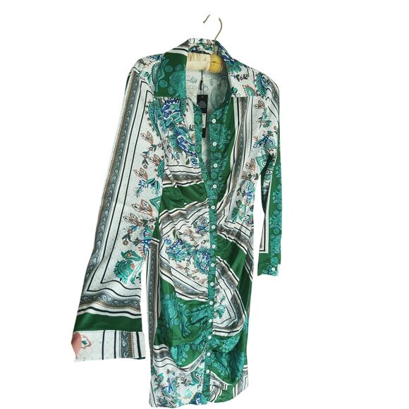 NWT Satin Paisley Shirt Dress Medium Green Baddie Loud Luxury Glam Regency Chic - Picture 7 of 8
